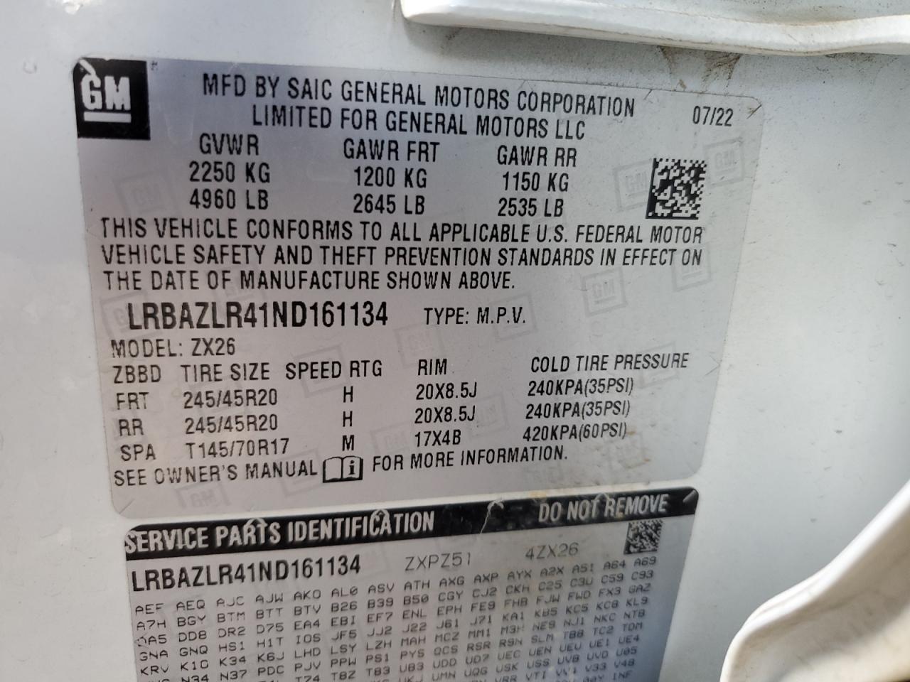 2022 BUICK ENVISION PREFERRED VIN:LRBAZLR41ND161134