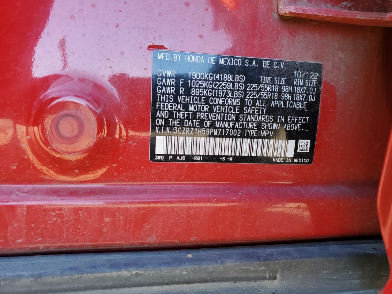 2023 HONDA HR-V SPORT VIN:3CZRZ1H59PM717002