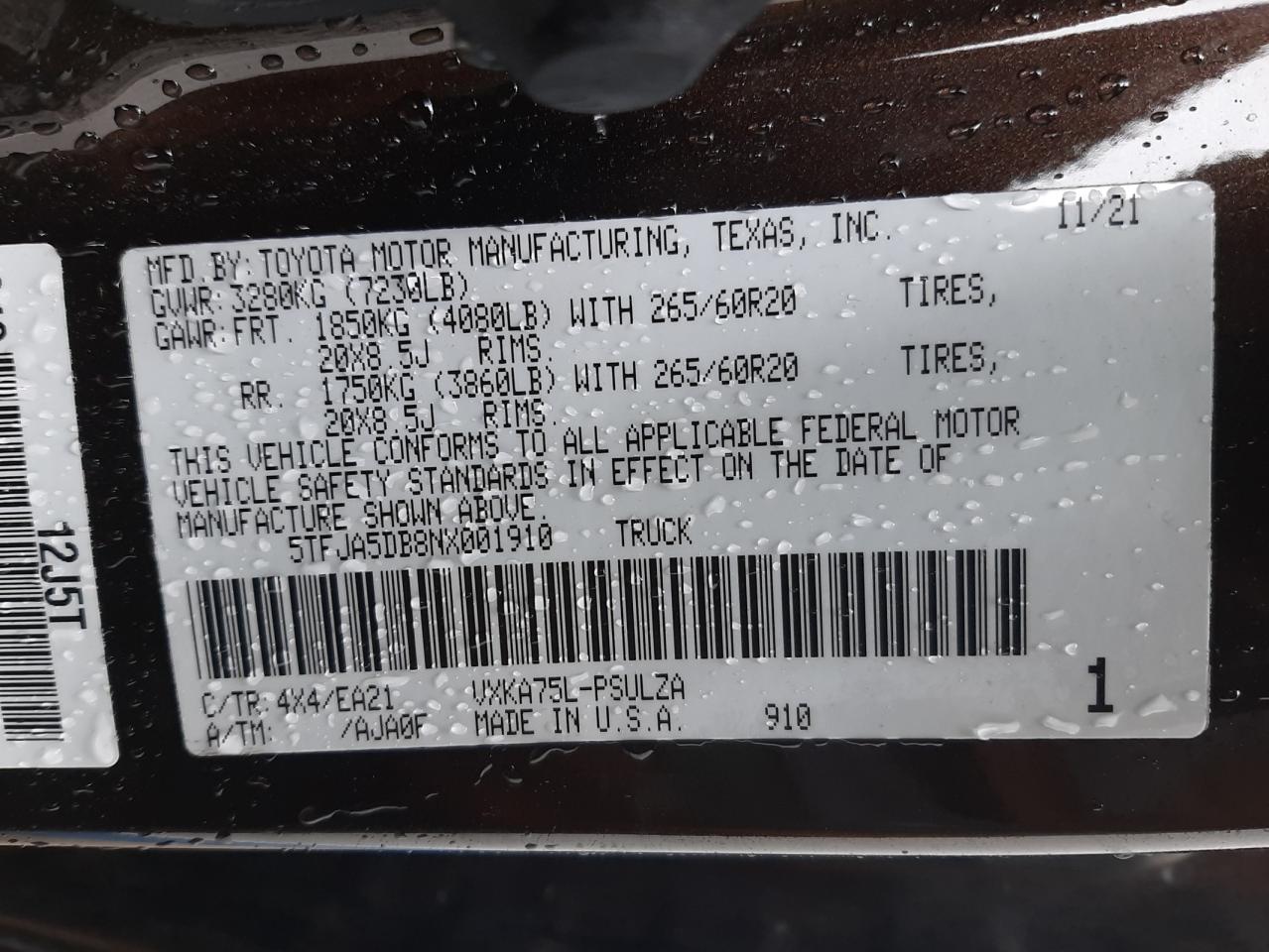 2022 TOYOTA TUNDRA CREWMAX LIMITED VIN:5TFJA5DB8NX001910