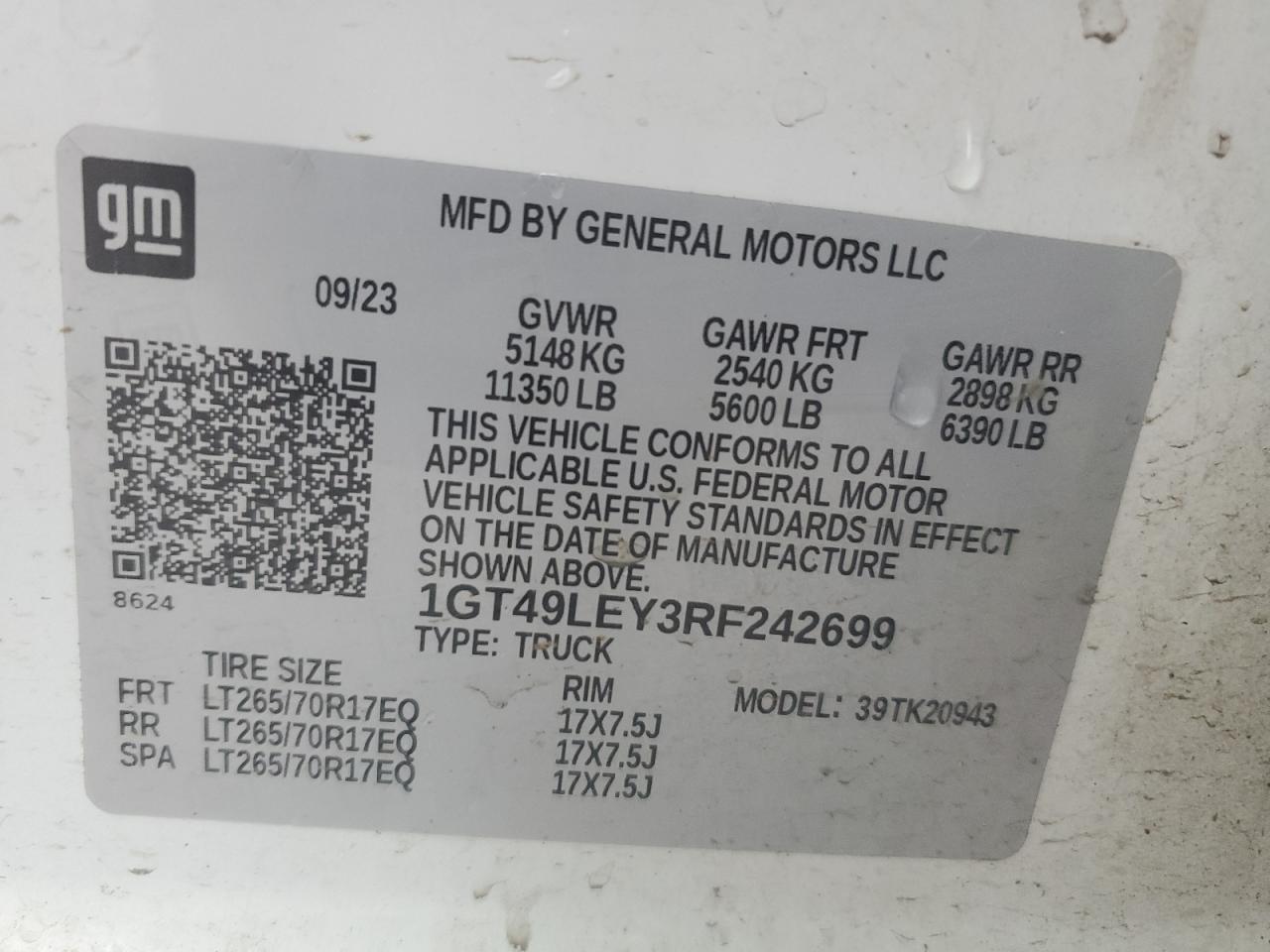 2024 GMC SIERRA K2500 HEAVY DUTY VIN:1GT49LEY3RF242699