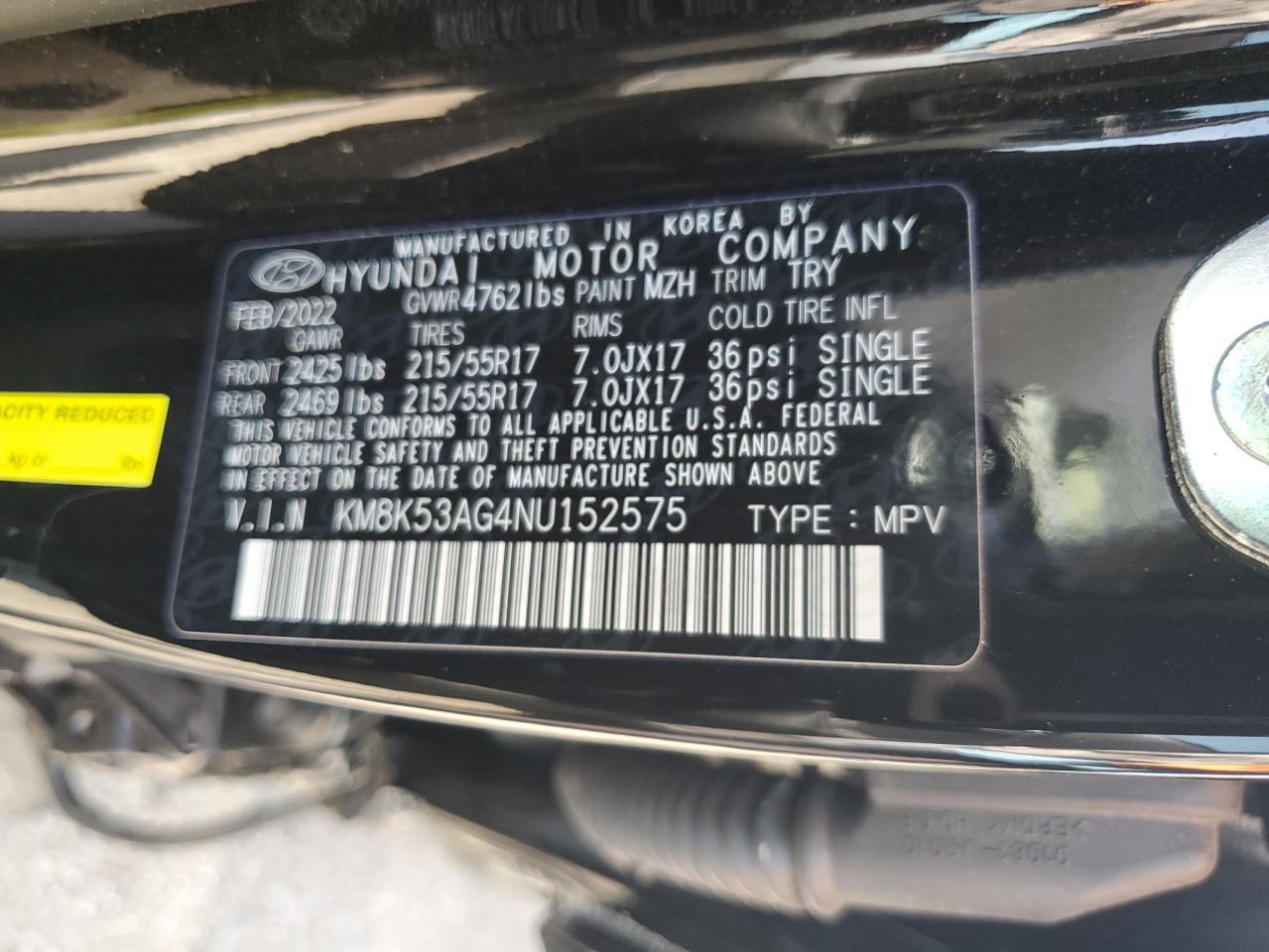 2022 HYUNDAI KONA LIMITED VIN:WP0AA2A8XNS255297