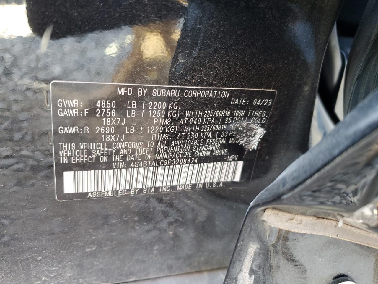 2023 SUBARU OUTBACK ONYX EDITION VIN:4S4BTALC9P3208474