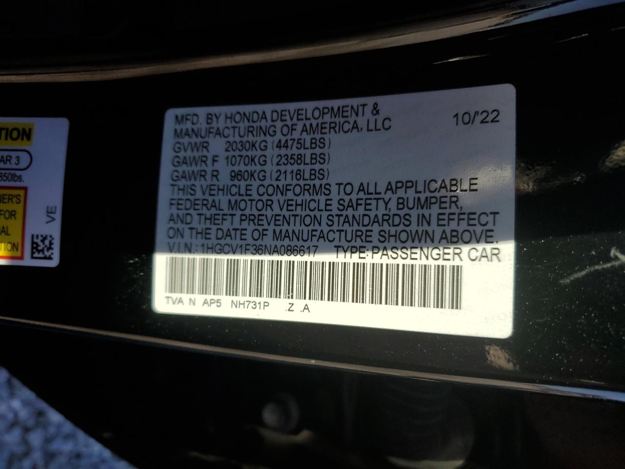 2022 HONDA ACCORD SPORT VIN:1HGCV1F36NA086617