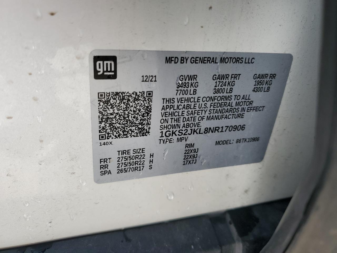 2022 GMC YUKON XL DENALI VIN:1GKS2JKL8NR170906