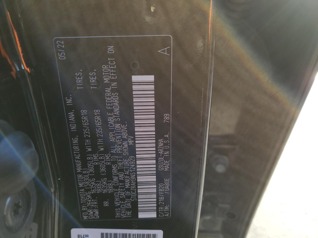 2022 TOYOTA HIGHLANDER L VIN:5TDCZRAH9NS124929