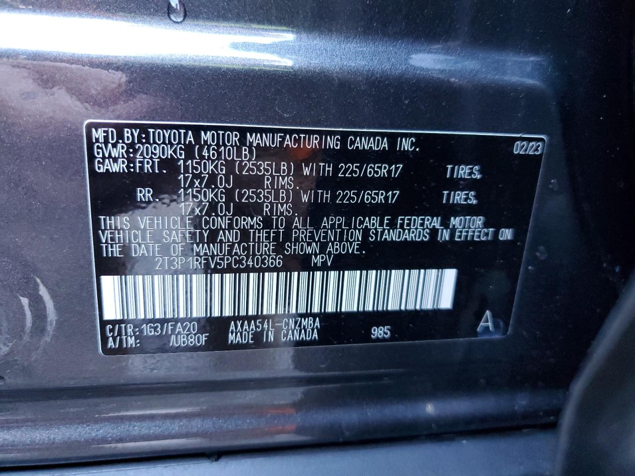 2023 TOYOTA RAV4 XLE VIN:2T3P1RFV5PC340366