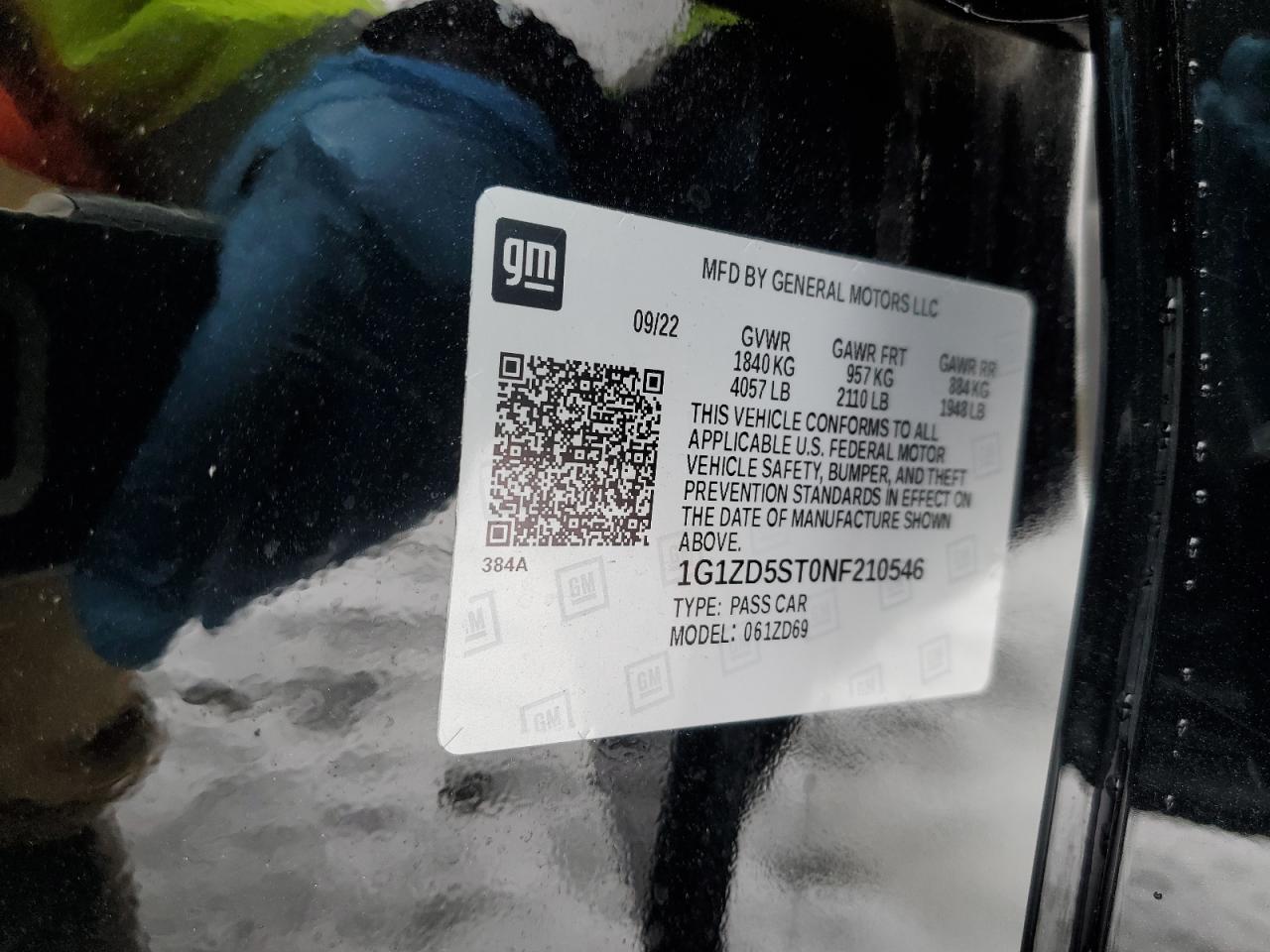 2022 CHEVROLET MALIBU LT VIN:1G1ZD5ST0NF210546