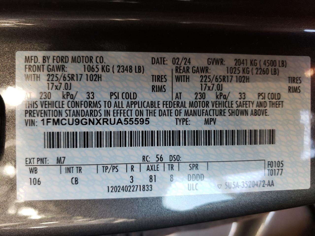 2024 FORD ESCAPE ACTIVE VIN:1FMCU9GNXRUA55595