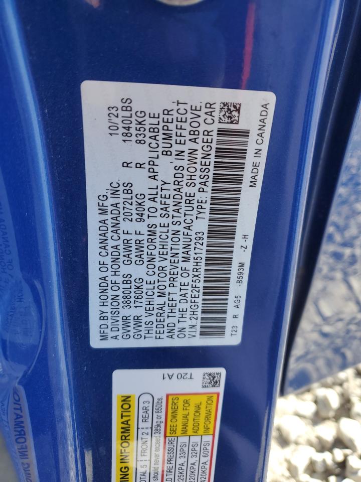 2024 HONDA CIVIC SPORT VIN:2HGFE2F5XRH517293