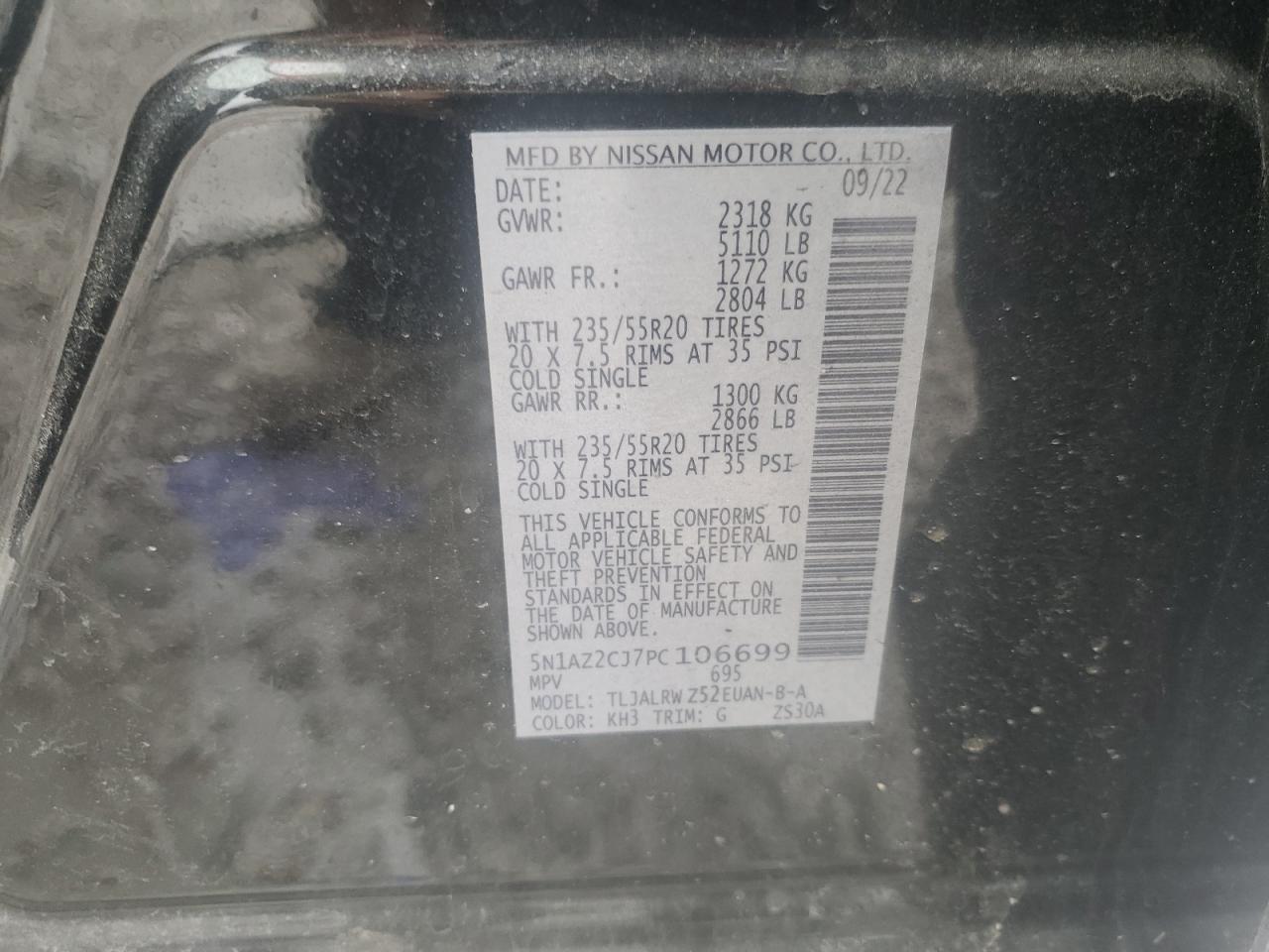 2023 NISSAN MURANO SL VIN:5N1AZ2CJ7PC106699