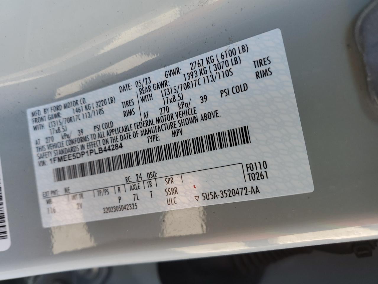 2023 FORD BRONCO BASE VIN:1FMEE5DP1PLB44284
