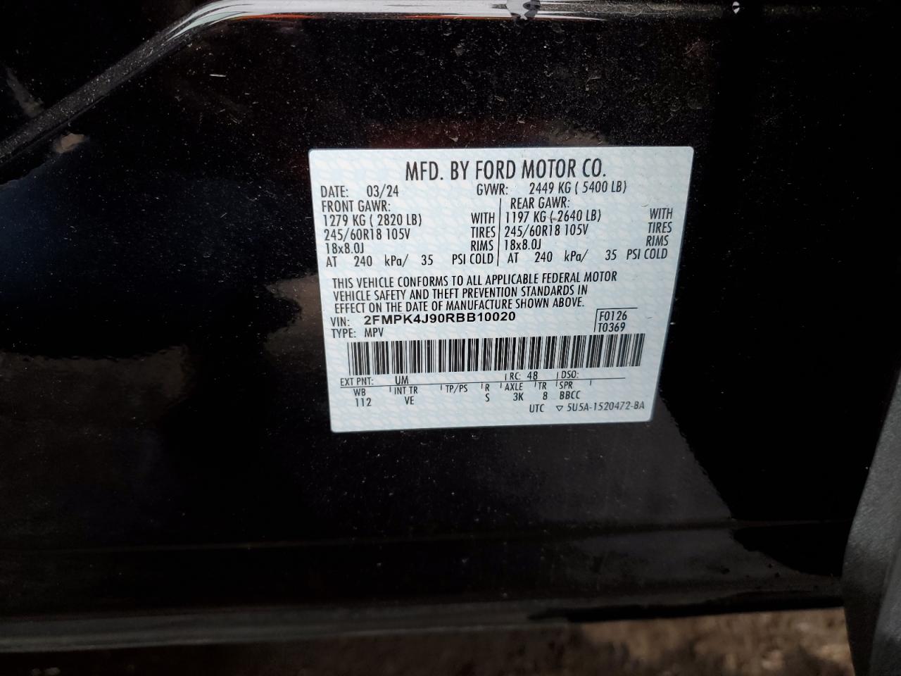 2024 FORD EDGE SEL VIN:2FMPK4J90RBB10020