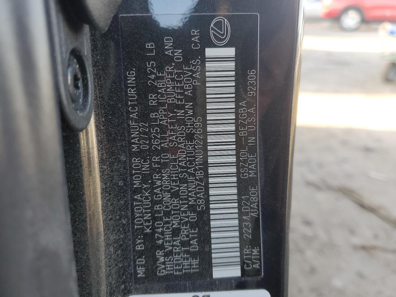 2022 LEXUS ES 350 BASE VIN:58ADZ1B11NU122695