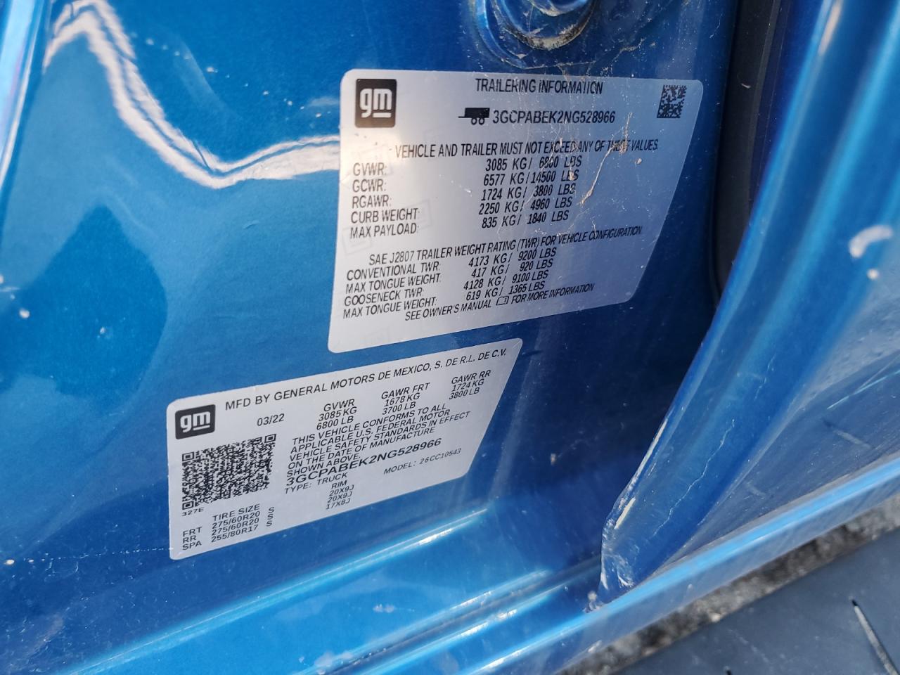 2022 CHEVROLET SILVERADO C1500 CUSTOM VIN:3GCPABEK2NG528966