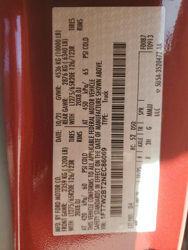 2022 FORD F250 SUPER DUTY VIN:1FT7W2BT2NEC86069