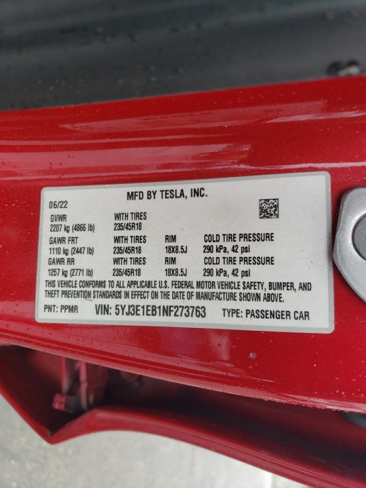 2022 TESLA MODEL 3  VIN:5YJ3E1EB1NF273763