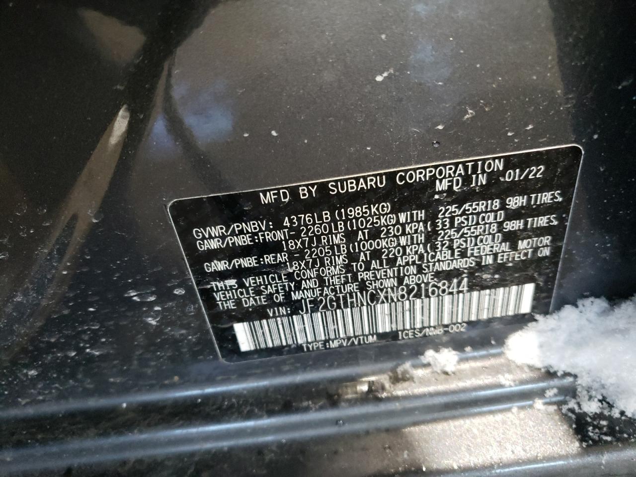 2022 SUBARU CROSSTREK LIMITED VIN:JF2GTHNCXN8216844