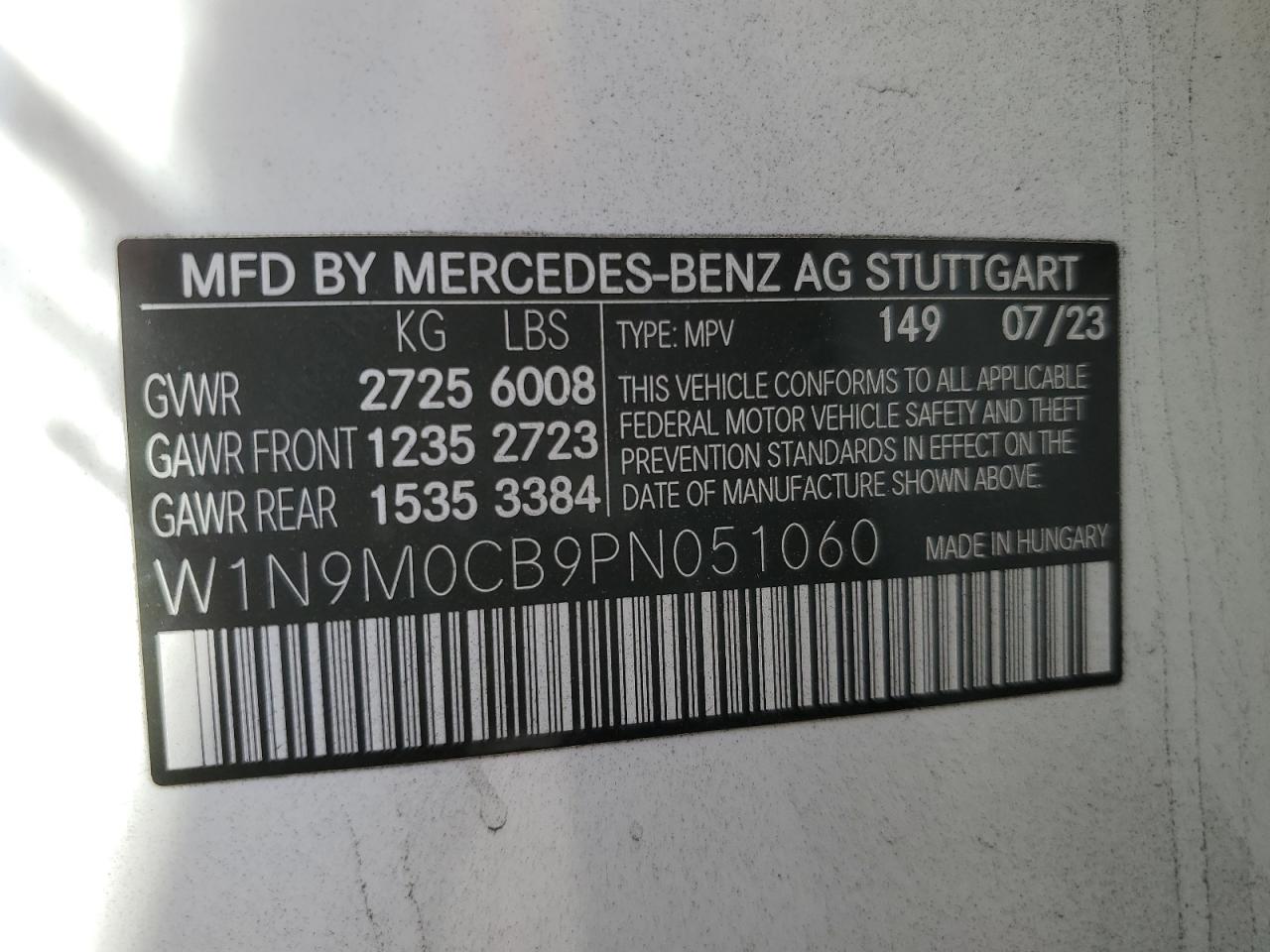 2023 MERCEDES-BENZ EQB 250+ VIN:W1N9M0CB9PN051060