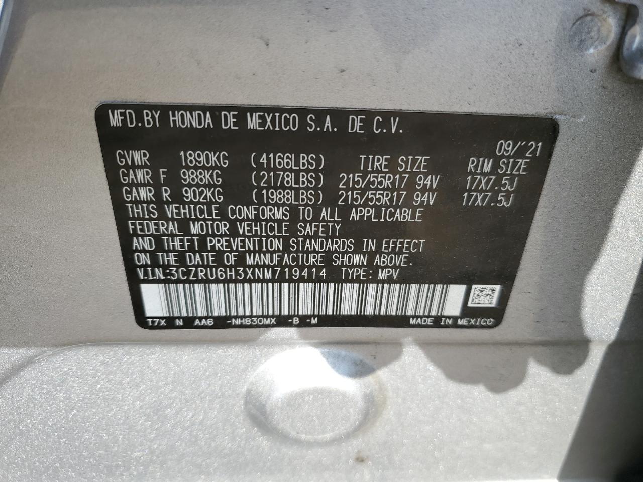 2022 HONDA HR-V LX VIN:3CZRU6H3XNM719414