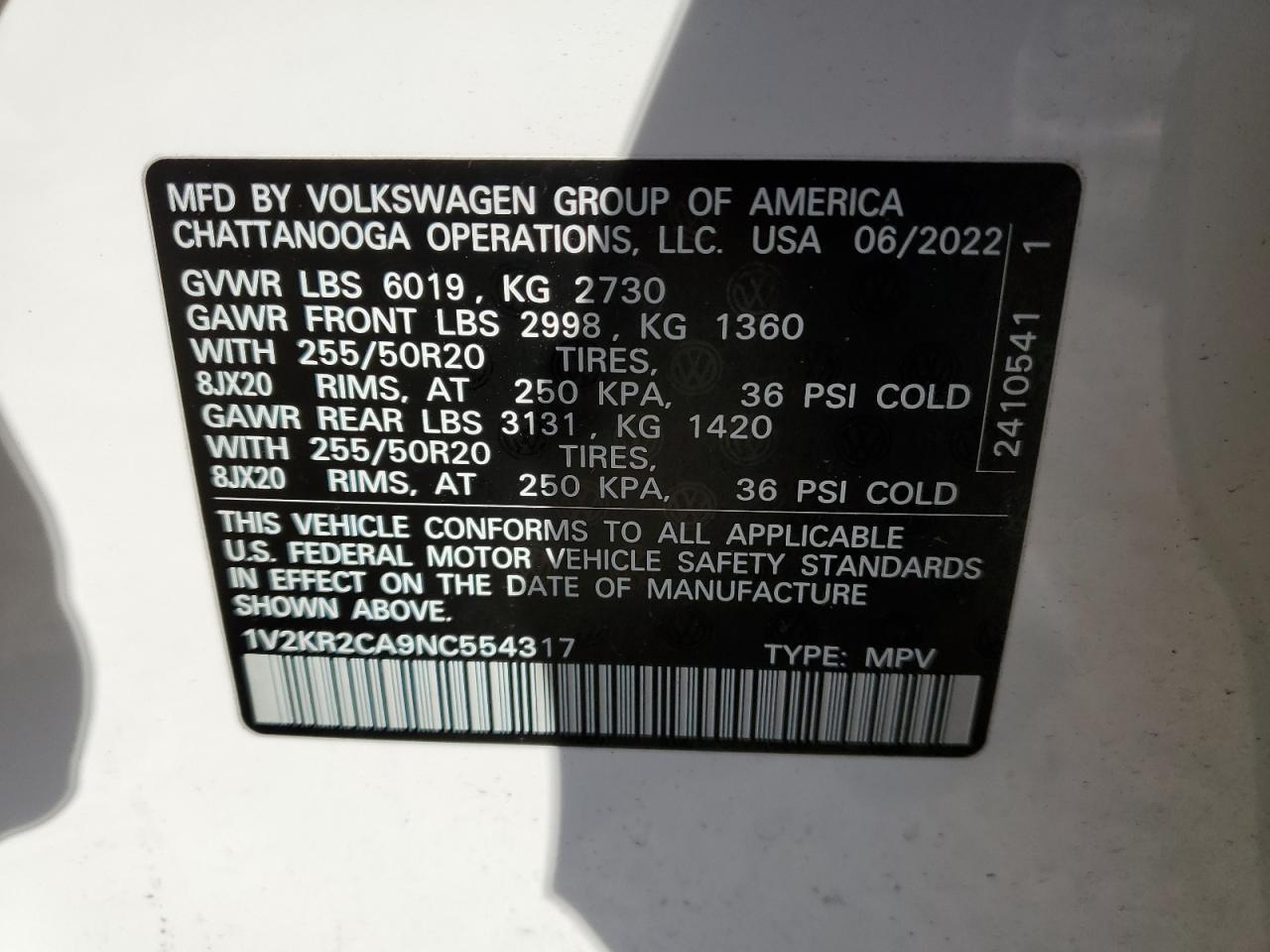 2022 VOLKSWAGEN ATLAS SE VIN:1V2KR2CA9NC554317