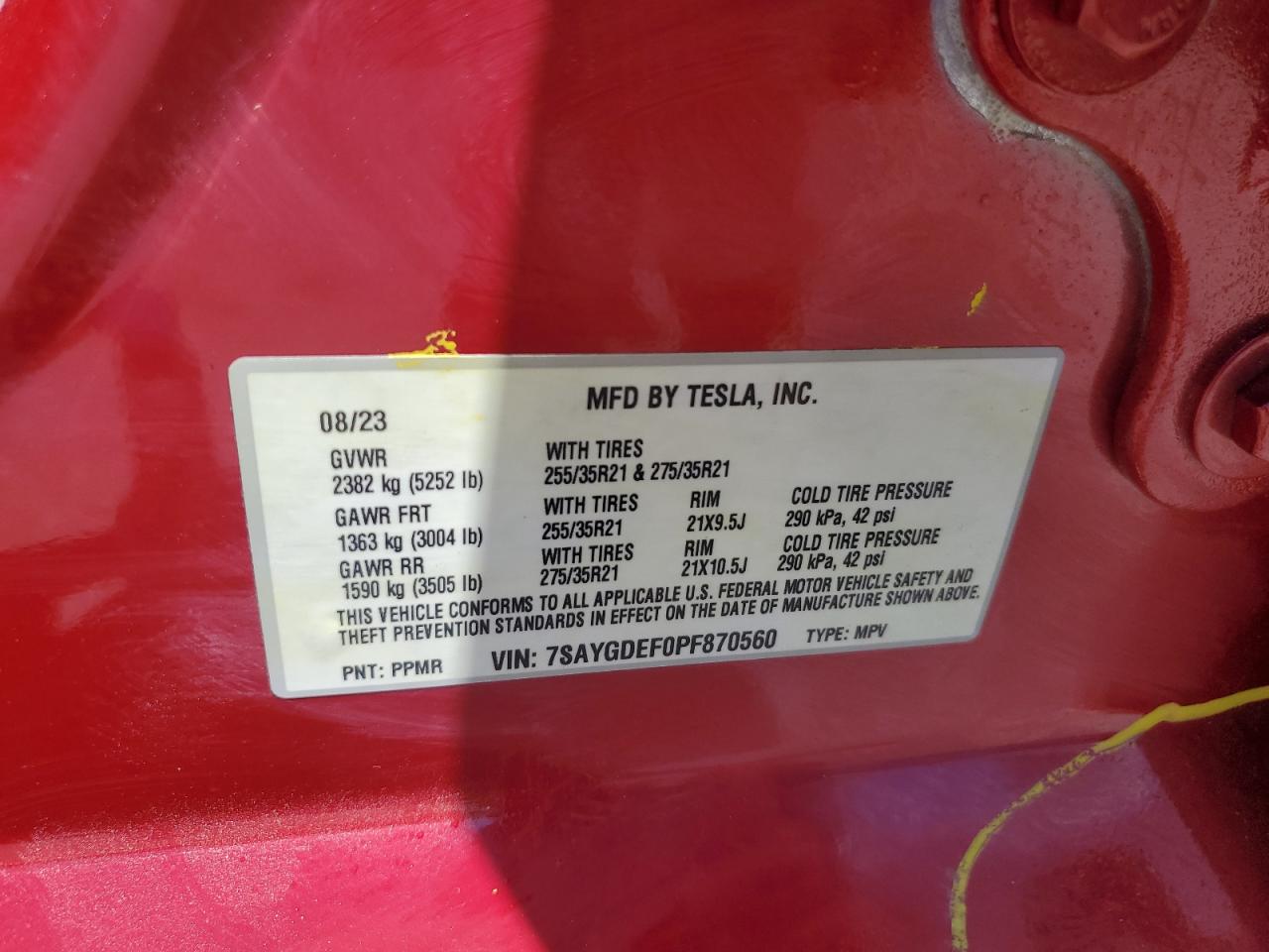 2023 TESLA MODEL Y  VIN:7SAYGDEF0PF870560