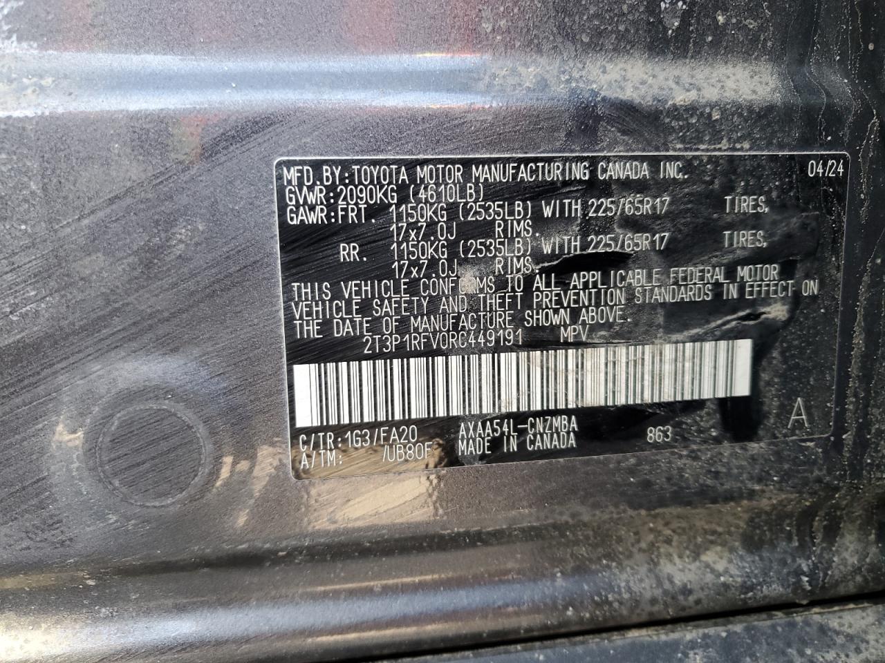 2024 TOYOTA RAV4 XLE VIN:2T3P1RFV0RC449191