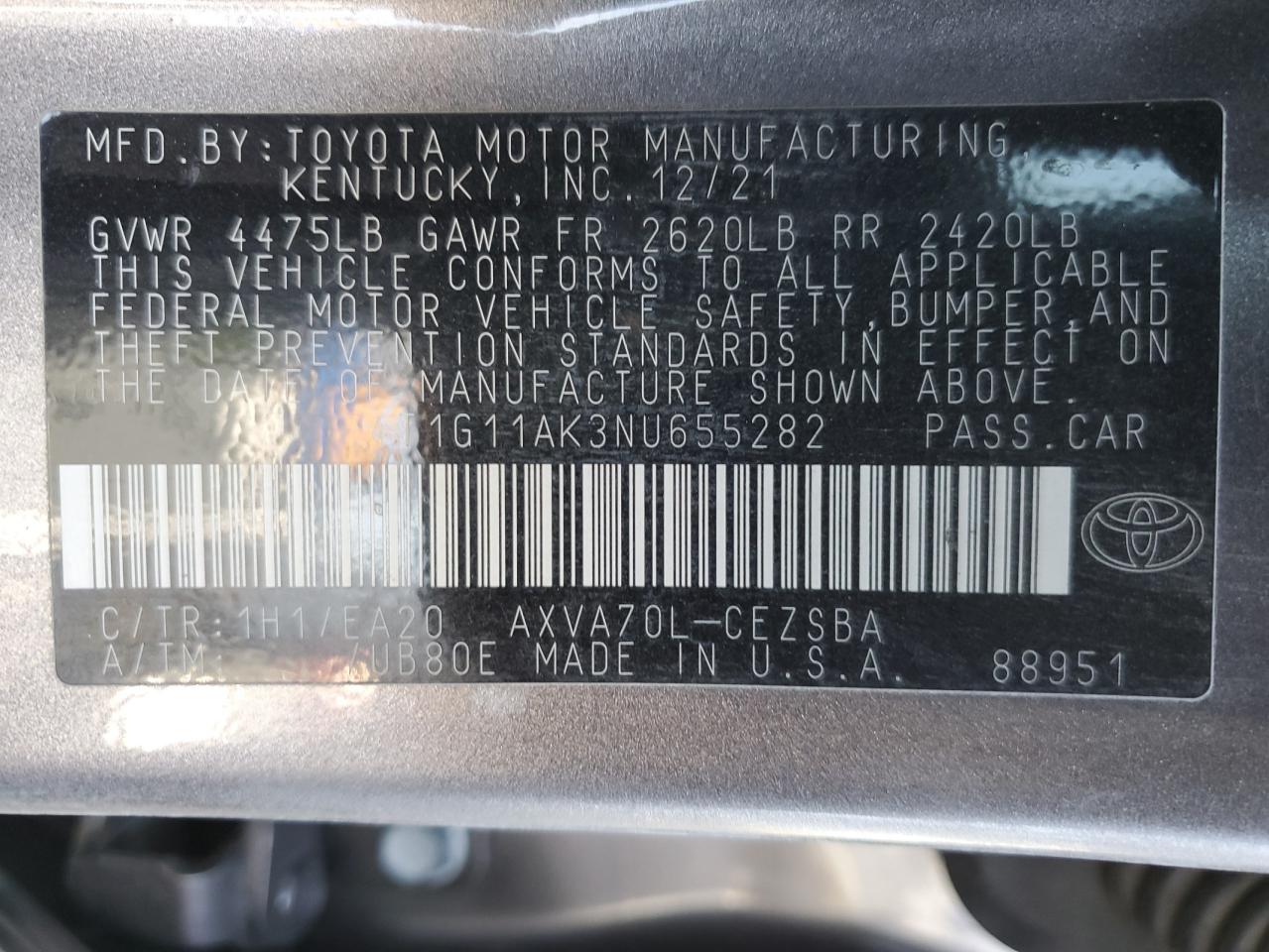 2022 TOYOTA CAMRY SE VIN:4T1G11AK3NU655282