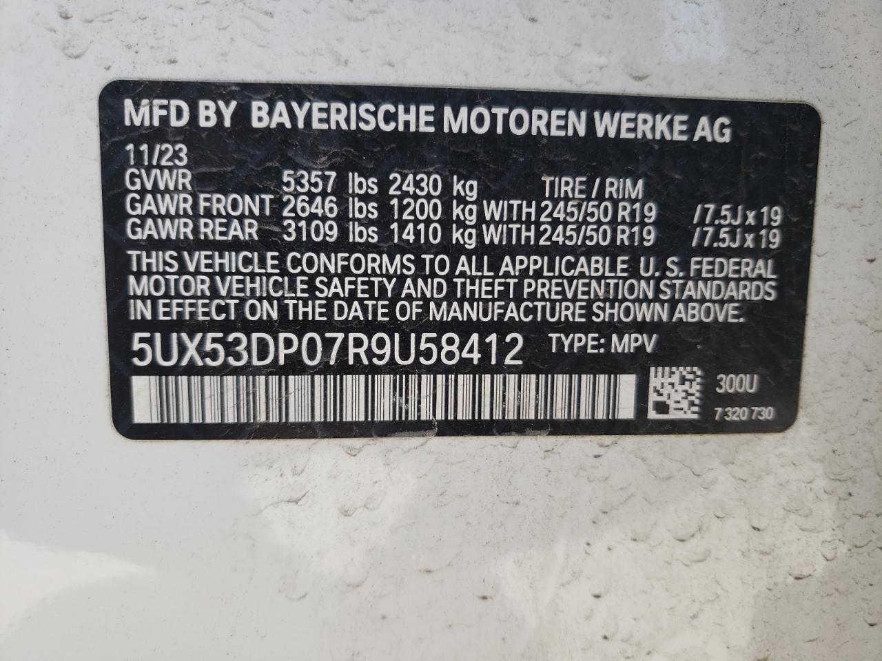 2024 BMW X3 XDRIVE30I VIN:5UX53DP07R9U58412