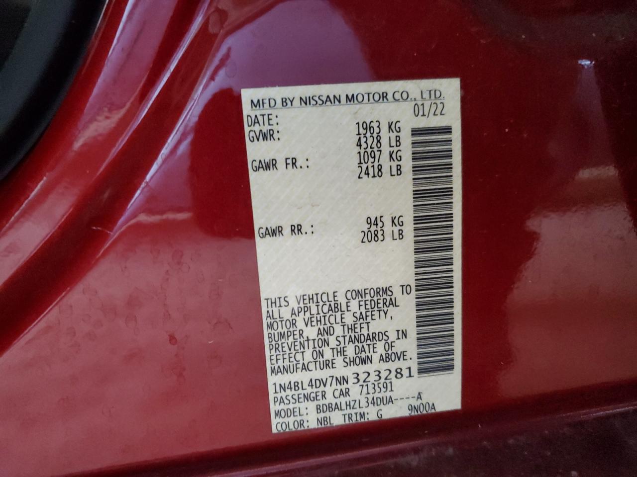2022 NISSAN ALTIMA SV VIN:1N4BL4DV7NN323281