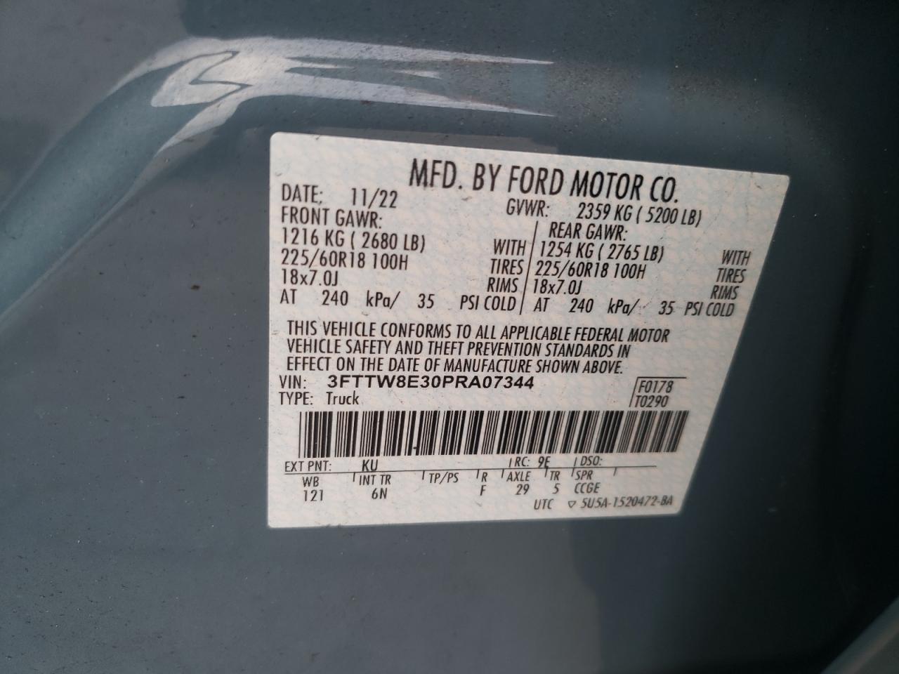 2023 FORD MAVERICK XL VIN:3FTTW8E30PRA07344