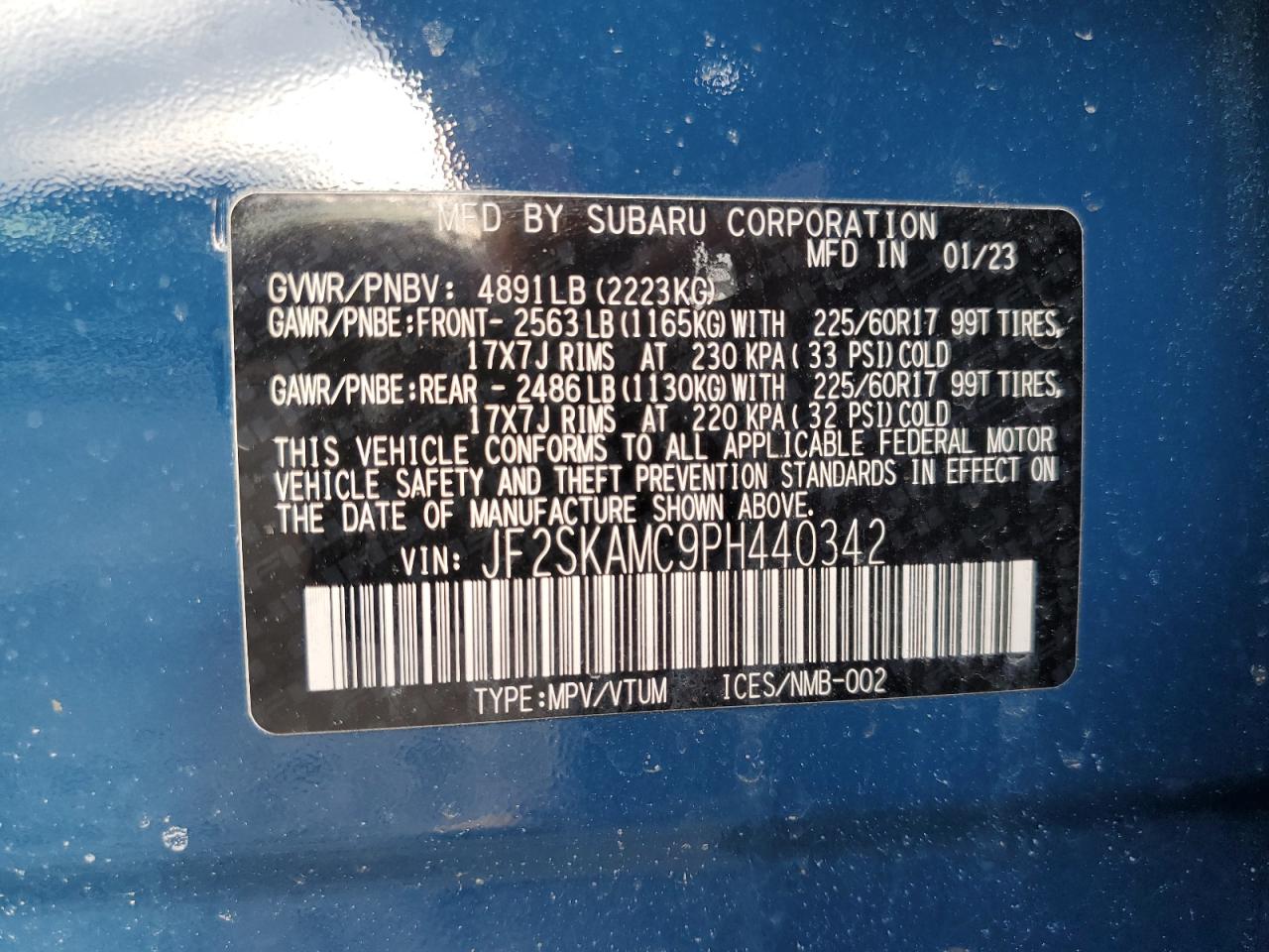 2023 SUBARU FORESTER WILDERNESS VIN:JF2SKAMC9PH440342