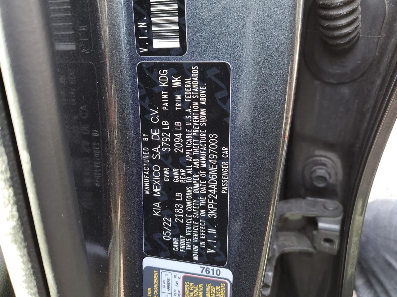 2022 KIA FORTE FE VIN:3KPF24AD6NE497003