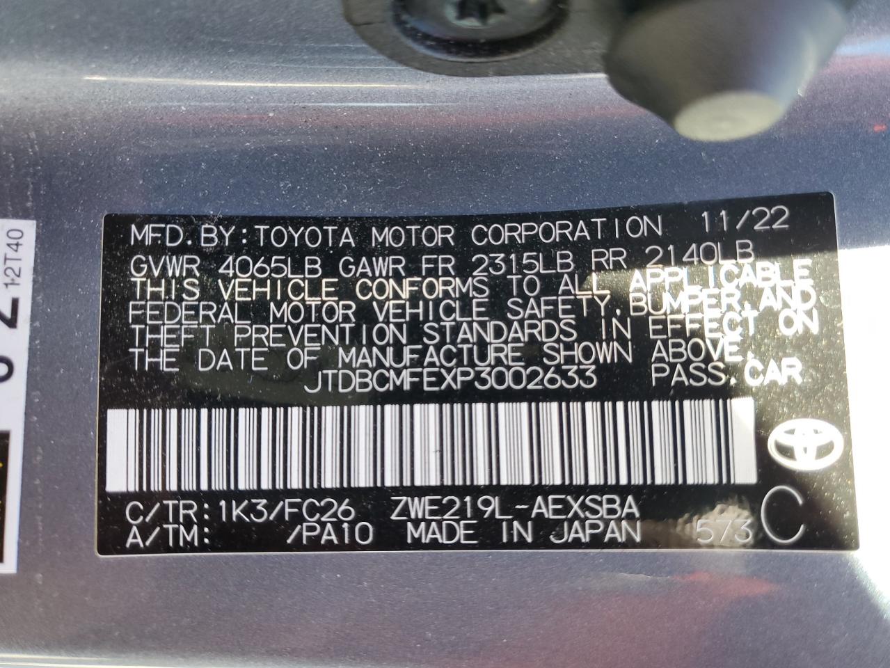 2023 TOYOTA COROLLA LE VIN:JTDBCMFEXP3002633