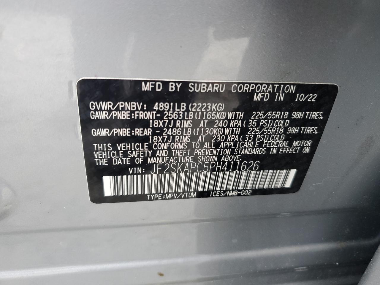 2023 SUBARU FORESTER LIMITED VIN:JF2SKAPC5PH411626