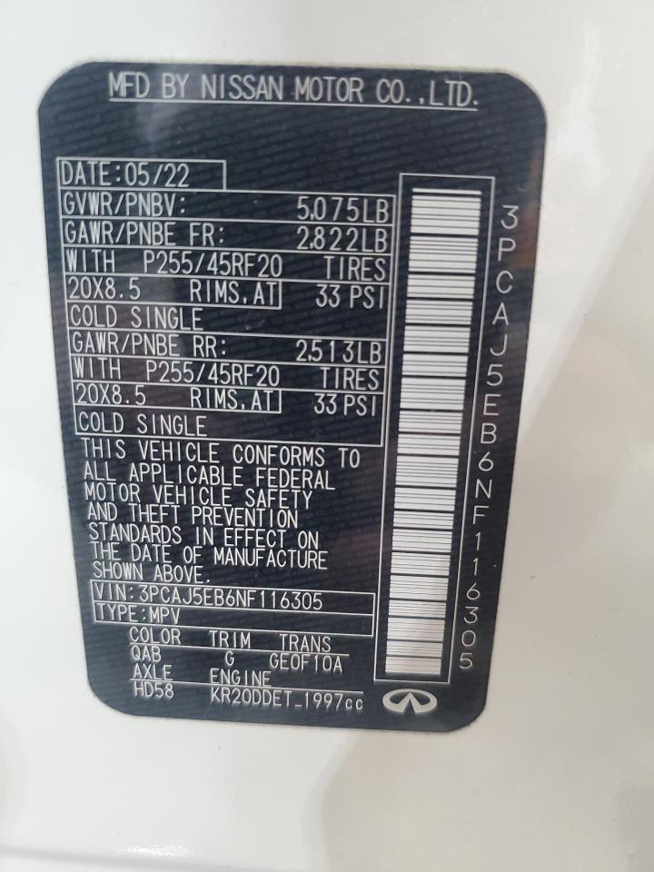 2022 INFINITI QX50 SENSORY VIN:3PCAJ5EB6NF116305