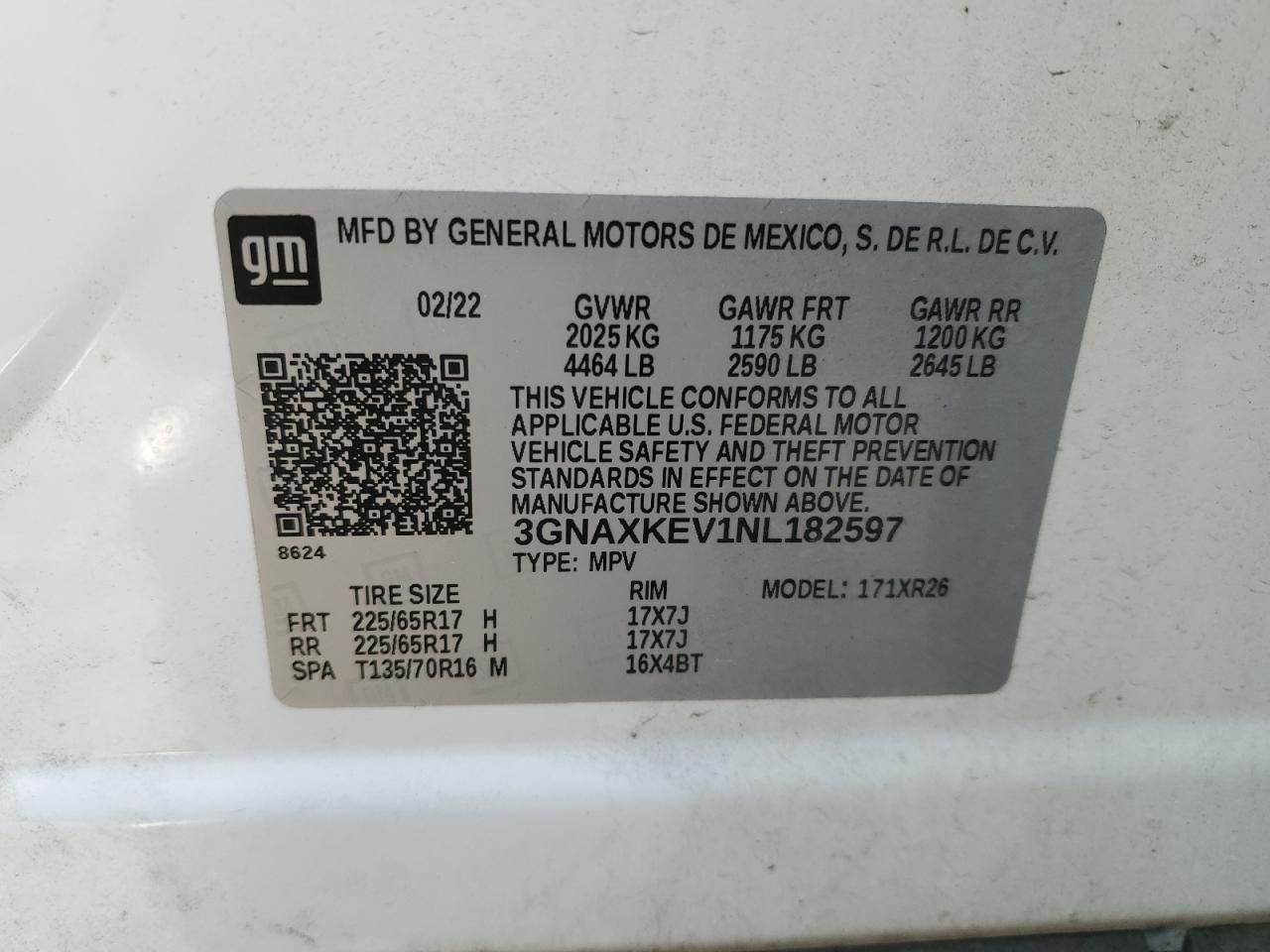 2022 CHEVROLET EQUINOX LT VIN:3GNAXKEV1NL182597