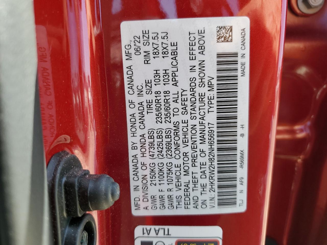 2022 HONDA CR-V EXL VIN:2HKRW2H82NH656917