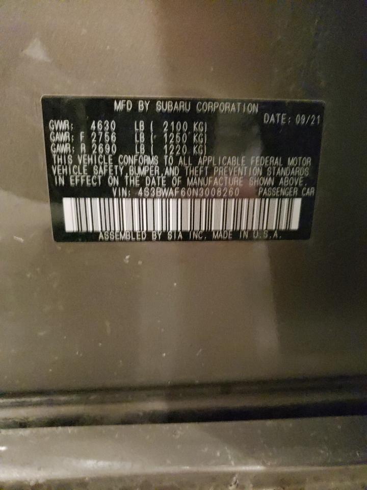 2022 SUBARU LEGACY PREMIUM VIN:4S3BWAF60N3008260