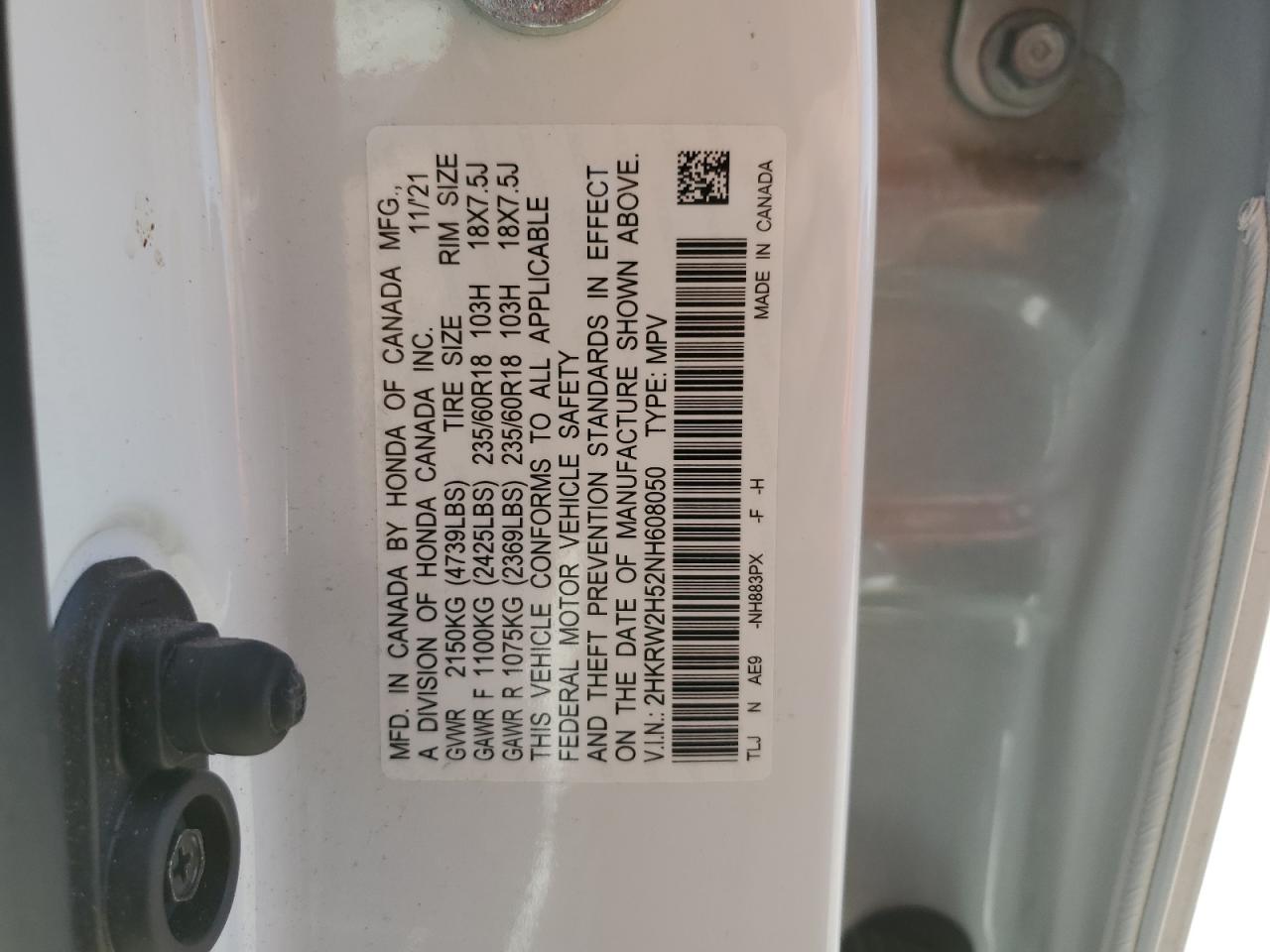 2022 HONDA CR-V EX VIN:2HKRW2H52NH608050