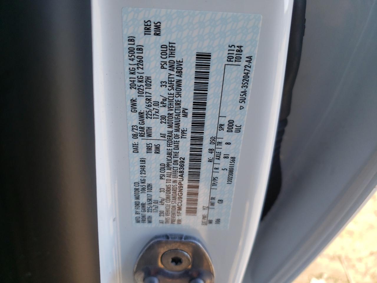 2023 FORD ESCAPE ACTIVE VIN:1FMCU9GN9PUA83692