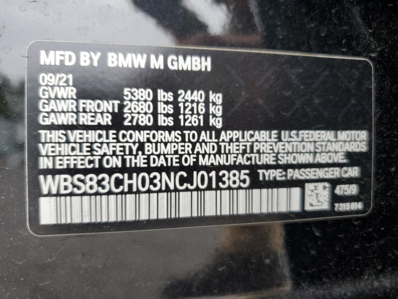 2022 BMW M5  VIN:WBS83CH03NCJ01385