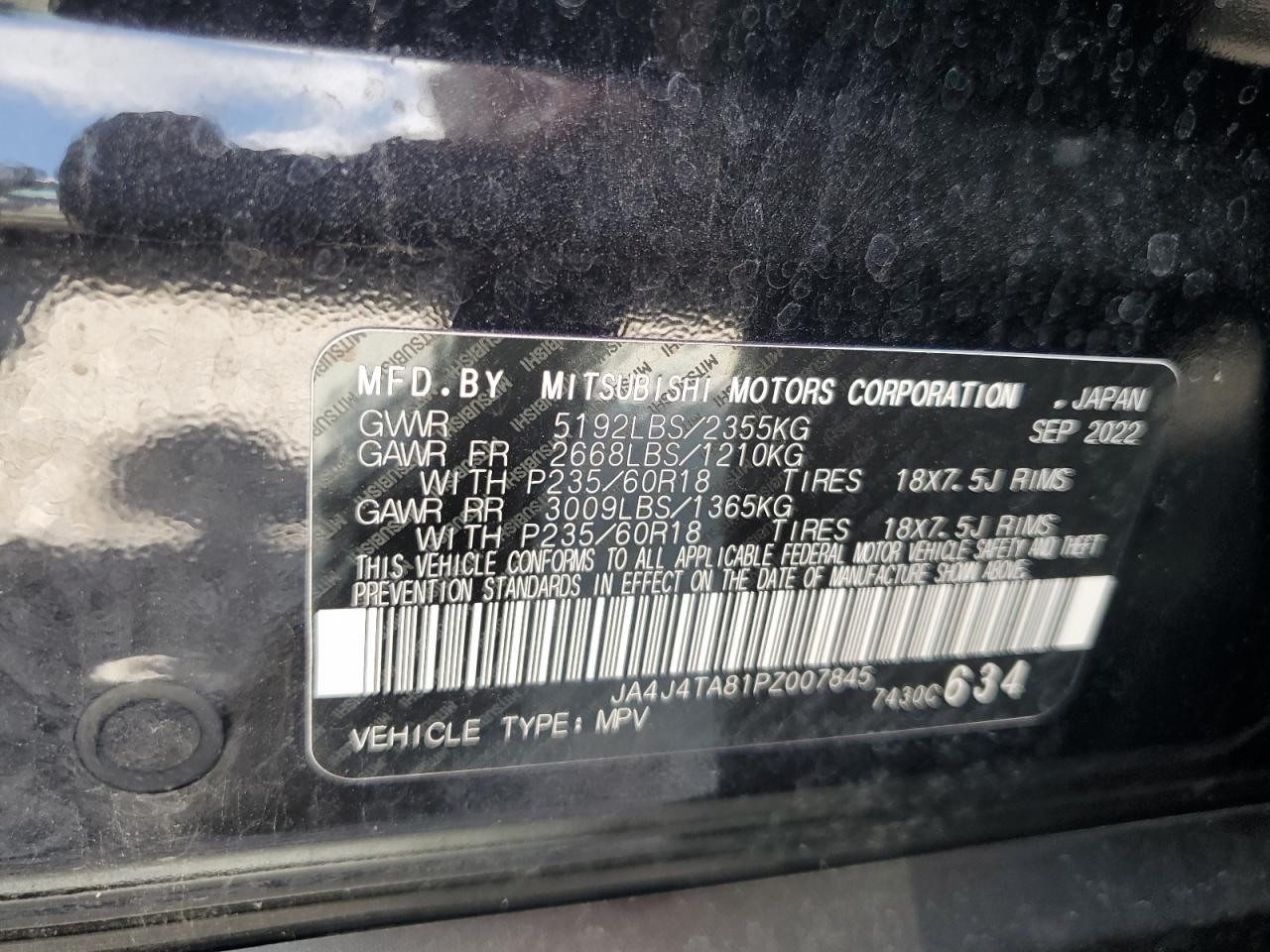 2023 MITSUBISHI OUTLANDER ES VIN:JA4J4TA81PZ007845