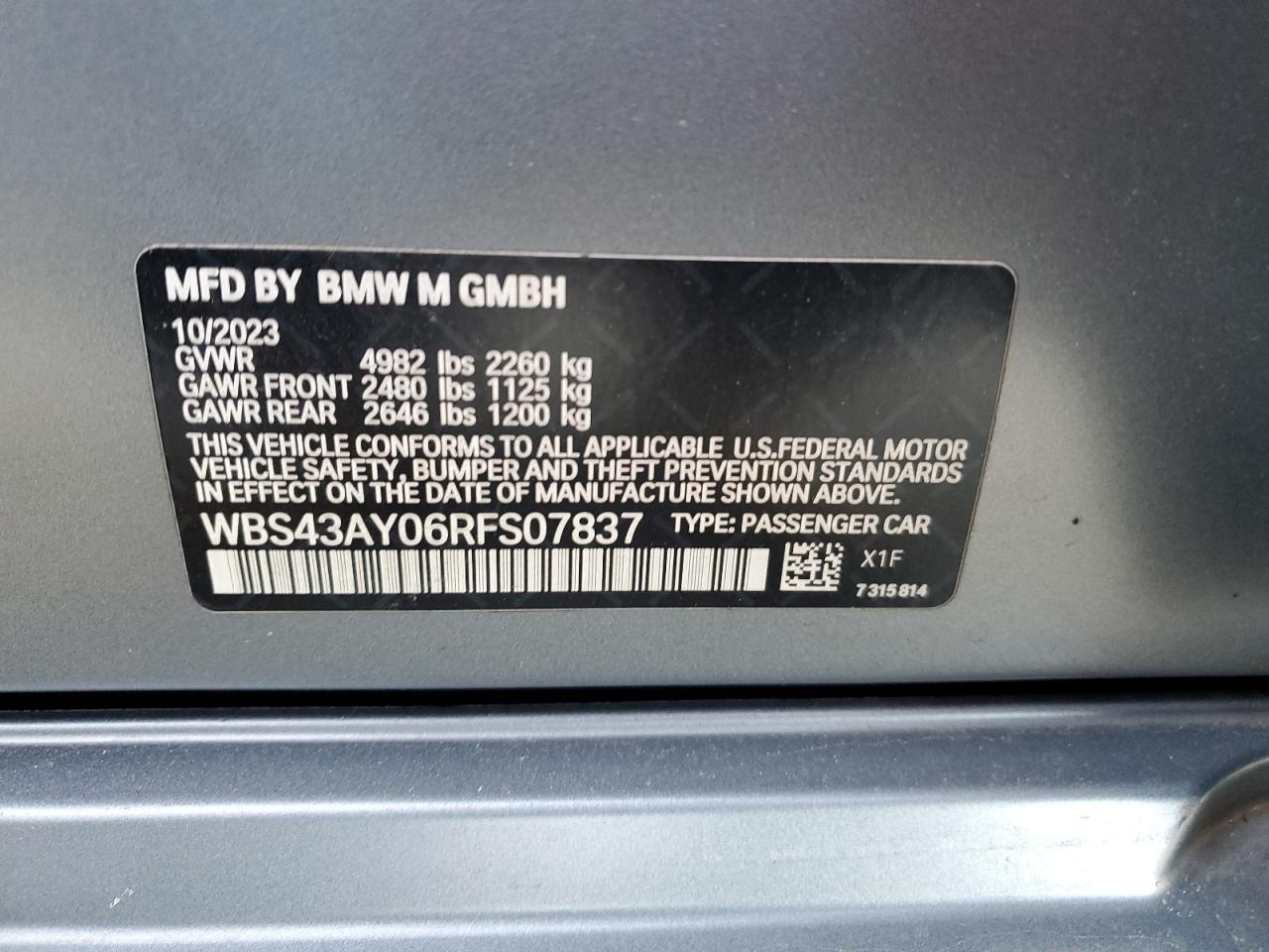 2024 BMW M3 COMPETITION VIN:WBS43AY06RFS07837