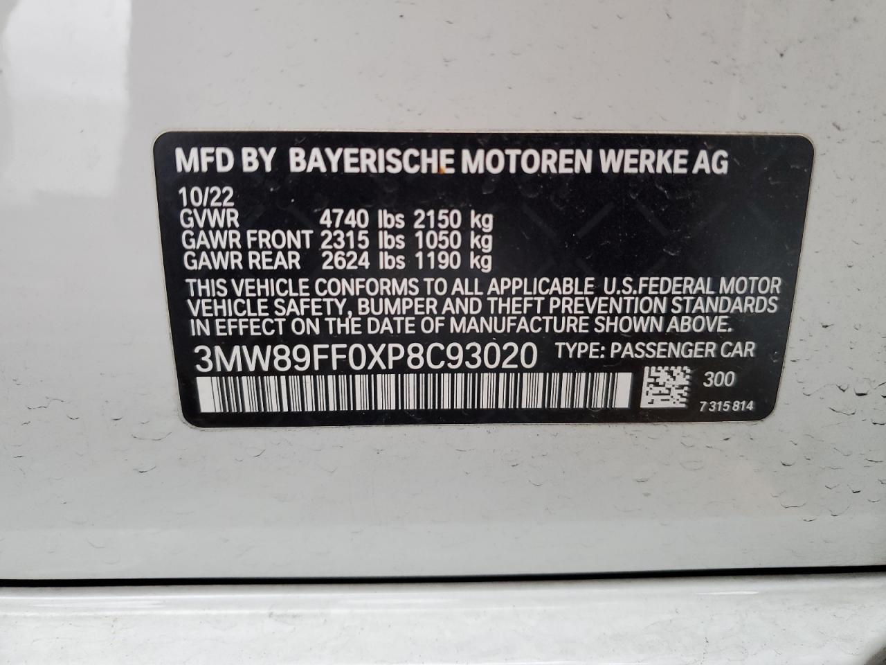 2023 BMW 330XI  VIN:3MW89FF0XP8C93020