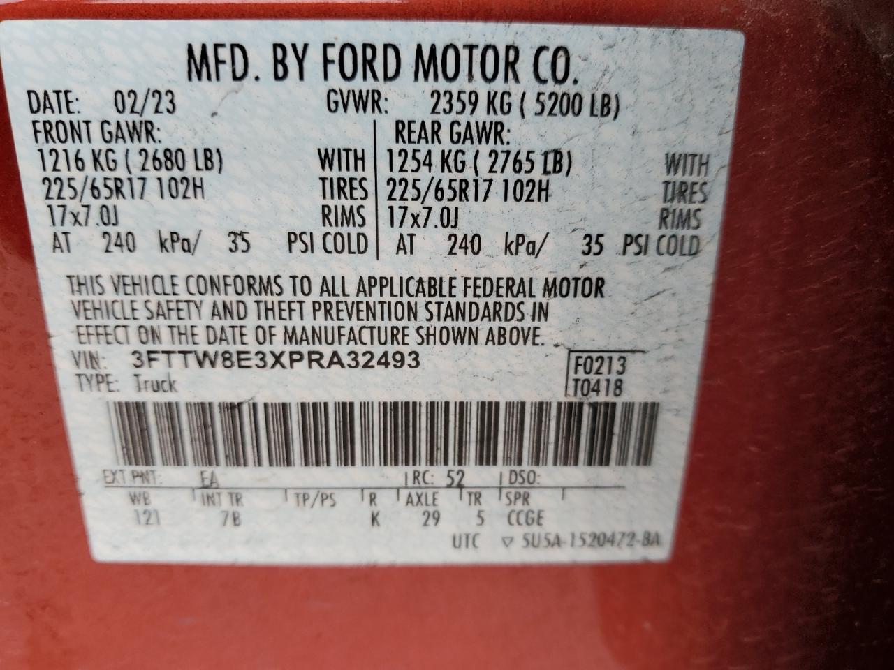 2023 FORD MAVERICK XL VIN:3FTTW8E3XPRA32493