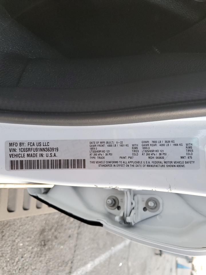 2022 RAM 1500 TRX VIN:1C6SRFU91NN363919