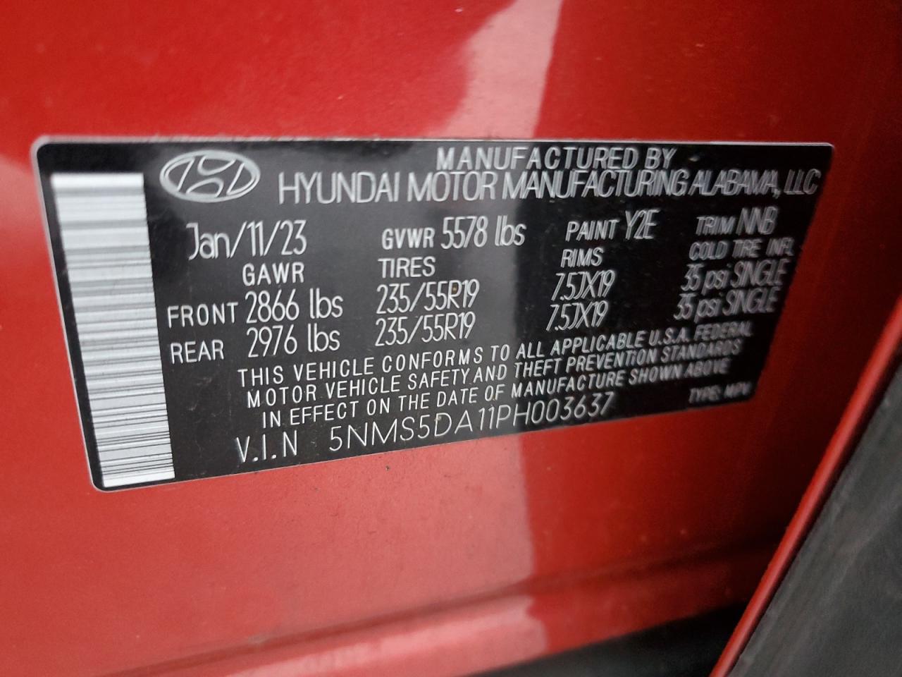 2023 HYUNDAI SANTA FE LIMITED VIN:5NMS5DA11PH003637