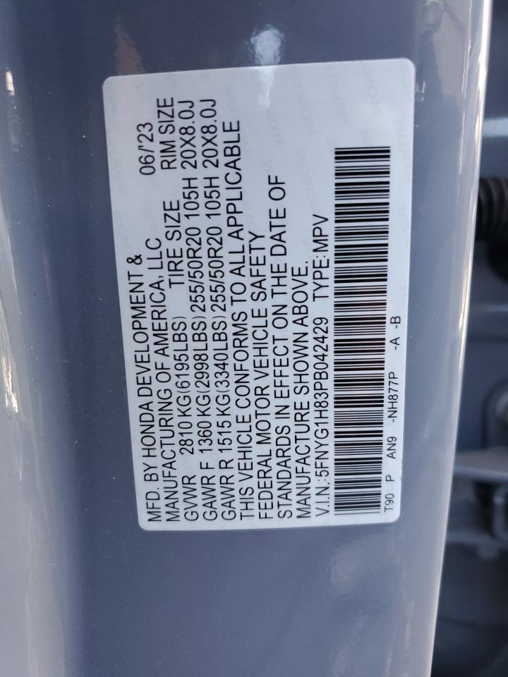 2023 HONDA PILOT ELITE VIN:5FNYG1H83PB042429