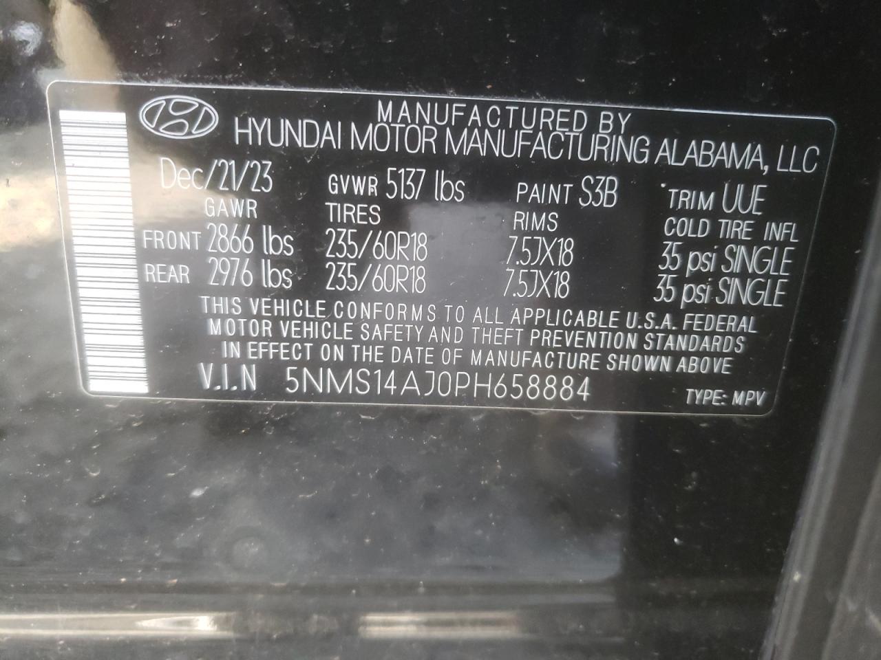 2023 HYUNDAI SANTA FE SE VIN:5NMS14AJ0PH658884