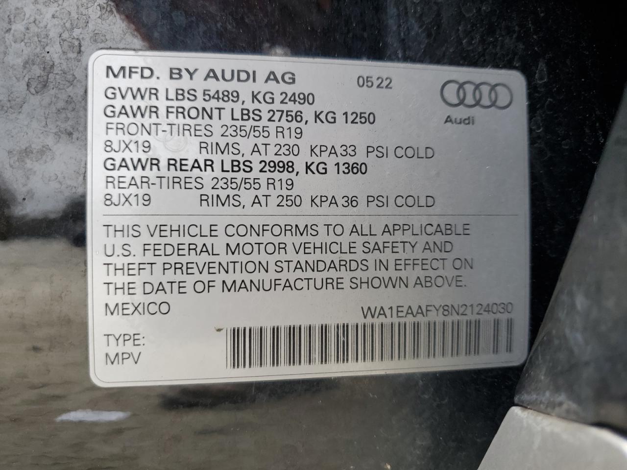 2022 AUDI Q5 PREMIUM PLUS 45 VIN:WA1EAAFY8N2124030